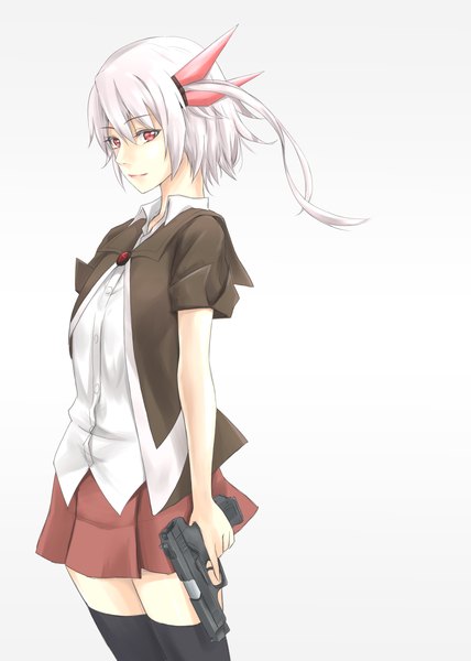 Anime picture 1000x1400 with original nyaruz single tall image short hair simple background red eyes white background white hair light smile short sleeves zettai ryouiki open shorts girl thighhighs skirt gloves uniform weapon black thighhighs