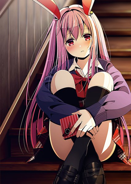 Anime picture 638x900 with touhou reisen udongein inaba yuuka nonoko single long hair tall image looking at viewer blush fringe light erotic hair between eyes red eyes sitting animal ears pink hair bent knee (knees) nail polish head tilt bunny ears crossed legs