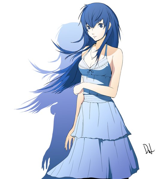 Anime picture 1043x1200 with persona 4 persona shirogane naoto dh (brink of memories) single long hair tall image looking at viewer blue eyes simple background white background bare shoulders signed blue hair wind shadow girl dress pendant sundress