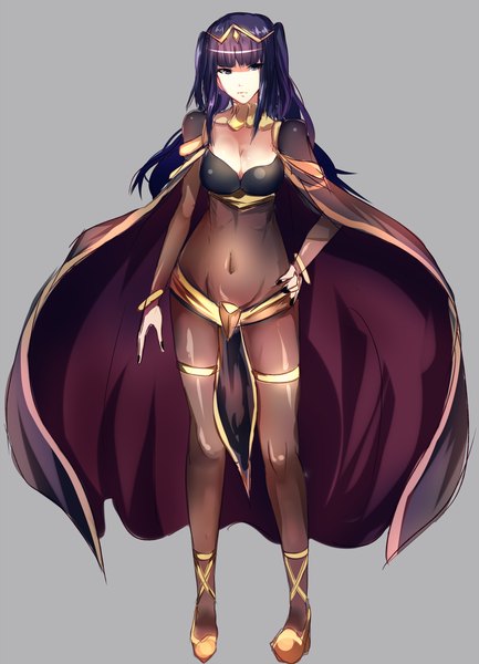 Anime picture 1000x1385 with fire emblem fire emblem awakening nintendo sarja hizagawa rau single long hair tall image fringe breasts light erotic simple background twintails purple eyes looking away cleavage purple hair nail polish grey background hand on hip