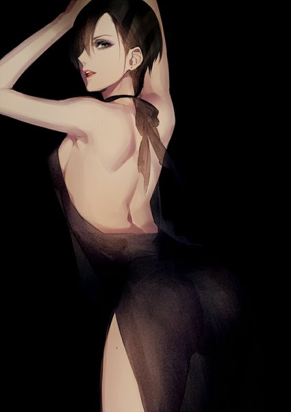Anime picture 620x876 with original tayuya1130 single long hair tall image fringe short hair breasts open mouth light erotic black hair simple background looking away ass arms up black background bare back blending girl dress