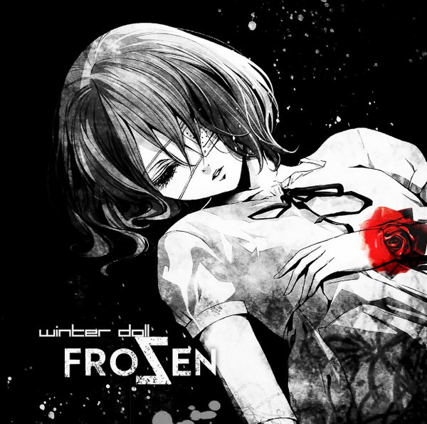 Anime picture 1280x1270 with another p.a. works misaki mei kiyohara hiro single long hair short hair black hair simple background lying eyes closed grey hair inscription black background monochrome pale skin third-party edit cropped spot color girl