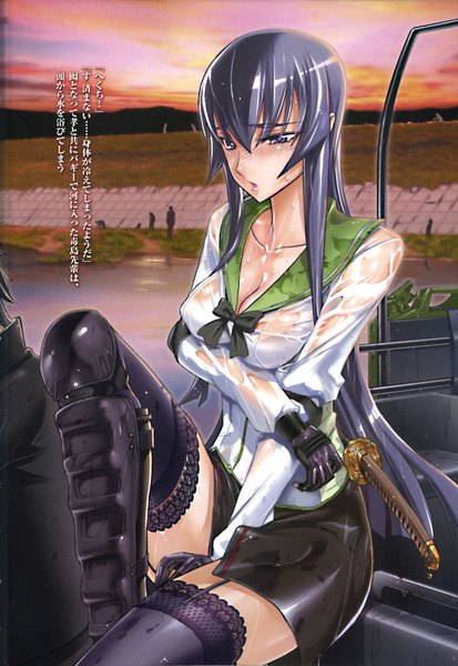 Anime picture 2756x4000 with highschool of the dead madhouse busujima saeko single long hair tall image blush highres breasts open mouth light erotic purple eyes purple hair scan wet clothes river girl thighhighs gloves uniform