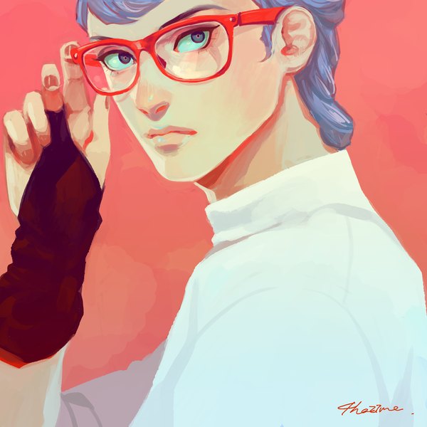 Anime picture 2100x2100 with jojo no kimyou na bouken ghiaccio meron nouka single highres short hair blue eyes simple background signed blue hair looking away upper body nail polish lips pink background red nail polish adjusting glasses boy glasses bridal gauntlets