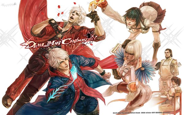 Anime picture 1100x694 with devil may cry dante (devil may cry) nero (devil may cry) lady (devil may cry) kyrie gloria credo offrecord (rae) short hair open mouth blue eyes black hair blonde hair red eyes brown hair standing white background sitting looking away white hair