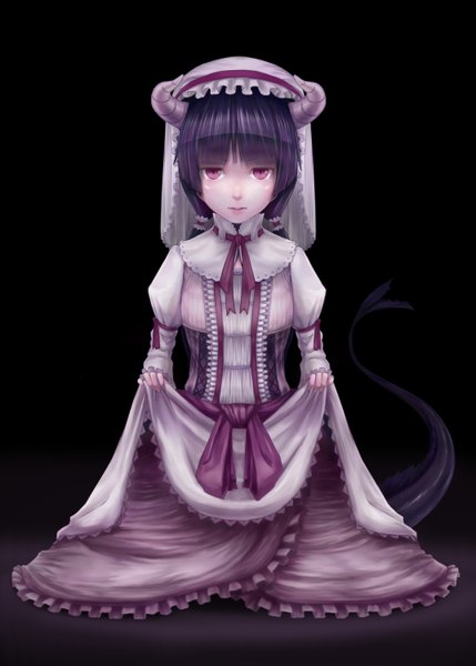 Anime picture 2143x3000 with ore no imouto ga konna ni kawaii wake ga nai gokou ruri lif (lif-ppp) single long hair tall image blush highres black hair simple background red eyes tail animal tail horn (horns) black background goth-loli girl dress