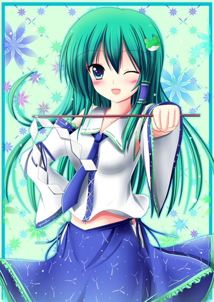 Anime picture 1000x1412 with touhou kochiya sanae yuzin (artist) single long hair tall image blush open mouth blue eyes smile one eye closed green hair wink girl hair ornament detached sleeves necktie hairclip sundress hair tubes