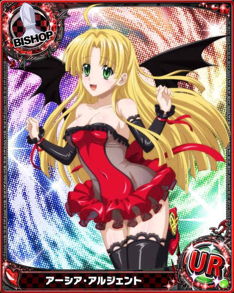 Anime picture 640x800 with highschool dxd asia argento single long hair tall image looking at viewer breasts open mouth light erotic blonde hair green eyes ahoge card (medium) girl thighhighs dress black thighhighs detached sleeves wings