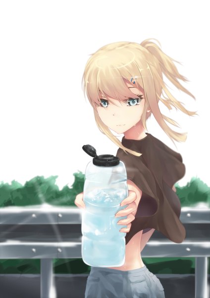 Anime picture 2050x2900 with fate (series) fate/stay night type-moon artoria pendragon (all) saber bbayu single tall image looking at viewer highres short hair blue eyes blonde hair girl hair ornament water hairclip water bottle