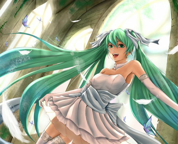 Anime picture 1034x839 with vocaloid hatsune miku single open mouth twintails very long hair aqua eyes aqua hair girl dress gloves elbow gloves insect butterfly feather (feathers)