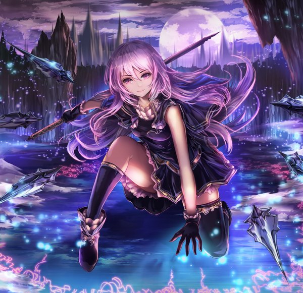Anime picture 1032x1000 with original a-line single long hair looking at viewer sky purple hair cloud (clouds) pink eyes girl dress gloves weapon sword boots moon