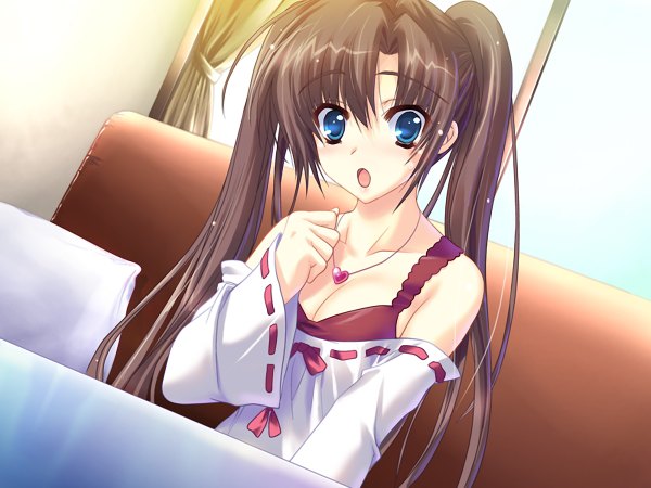 Anime picture 1200x900 with i can (game) open mouth blue eyes brown hair twintails game cg cleavage