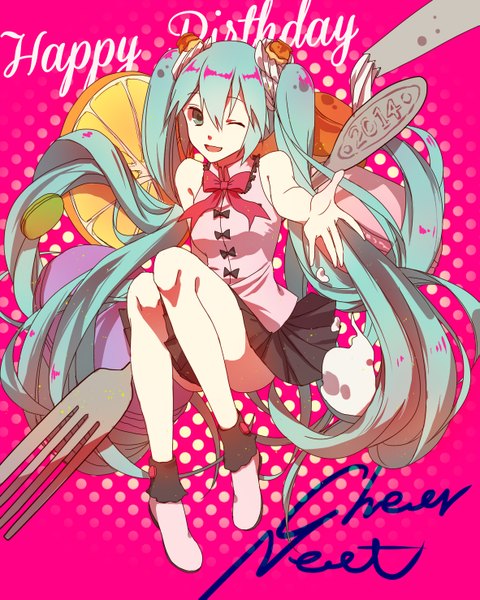 Anime picture 1181x1477 with vocaloid hatsune miku iamcheer single long hair tall image looking at viewer open mouth sitting twintails one eye closed aqua eyes wink aqua hair outstretched arm pink background happy birthday 2014 girl fruit