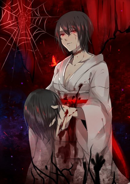 Anime picture 934x1319 with fatal frame kurozatou owata single tall image fringe short hair breasts smile red eyes brown hair holding cleavage light smile wide sleeves glowing glowing eye (eyes) bloody clothes bleeding severed head girl