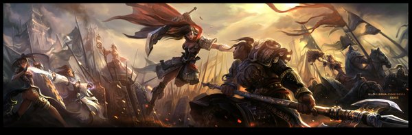 Anime picture 3045x1000 with su-ke (artist) long hair highres short hair black hair wide image multiple girls ponytail multiple boys chinese clothes girl boy weapon animal sword armor 2 boys 4 girls staff flag