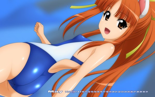 Anime picture 1920x1200 with original wave ride single long hair highres open mouth light erotic wide image bare shoulders brown eyes animal ears ass looking back orange hair girl swimsuit one-piece swimsuit school swimsuit calendar