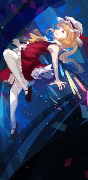 Anime picture 800x1632 with touhou flandre scarlet jq single long hair tall image looking at viewer blonde hair red eyes one side up flying girl thighhighs skirt weapon white thighhighs wings shoes vest bonnet