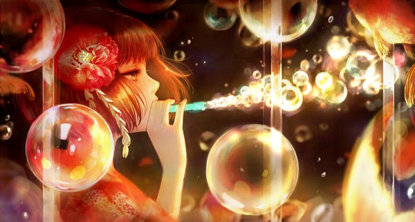 Anime picture 2000x1075 with original romiy single highres short hair brown hair wide image yellow eyes upper body traditional clothes japanese clothes profile hair flower girl flower (flowers) bubble (bubbles) yukata