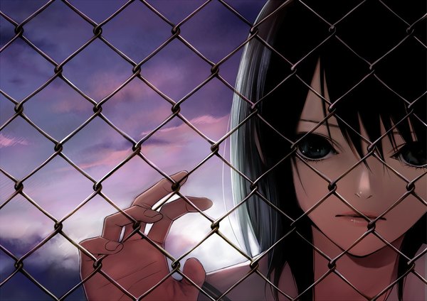 Anime picture 1000x707 with kiyohara hiro single looking at viewer short hair open mouth black hair sky cloud (clouds) black eyes girl fence