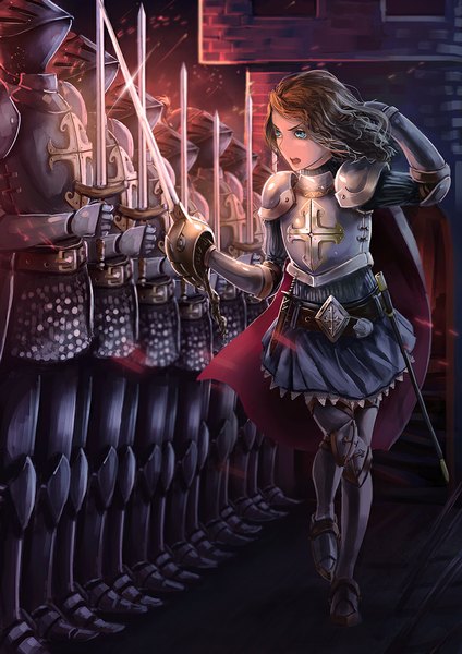 Anime picture 800x1132 with original sweet (artist) long hair tall image open mouth blue eyes blonde hair looking away salute knight girl weapon armor sheath crowd epee