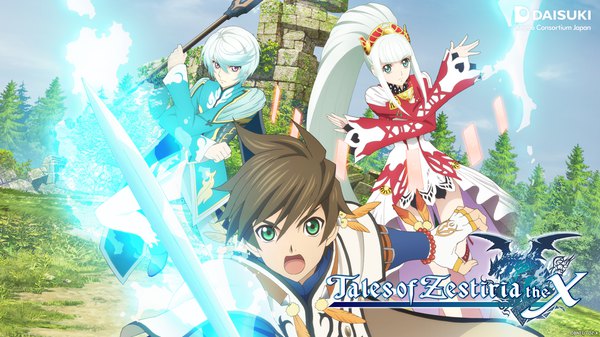 Anime picture 1920x1080 with tales of (series) tales of zestiria mikleo (tales) sorey (tales) lailah (tales) fringe highres short hair open mouth hair between eyes brown hair wide image standing purple eyes holding green eyes payot bent knee (knees) outdoors white hair