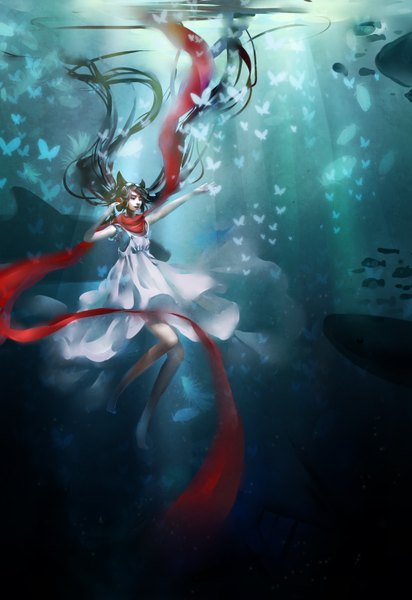 Anime picture 2031x2952 with original h2so4kancel single tall image highres blue eyes black hair twintails very long hair underwater girl scarf insect butterfly sundress fish (fishes)
