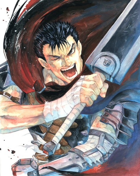 Anime picture 650x817 with berserk guts agahari single tall image looking at viewer short hair open mouth black hair white background one eye closed scar traditional media screaming watercolor (medium) boy weapon armor cape bandage (bandages)