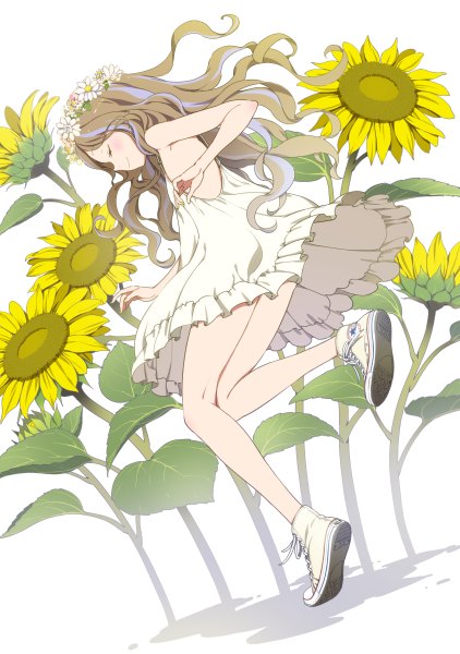 Anime picture 844x1200 with original kansou hada single long hair tall image blush brown hair bare shoulders purple hair eyes closed multicolored hair two-tone hair streaked hair girl dress flower (flowers) shoes white dress sundress sneakers