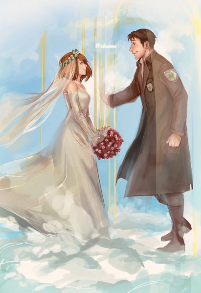 Anime picture 900x1311 with shingeki no kyojin production i.g petra ral marco bott razuri-chan tall image short hair smile brown hair bare shoulders brown eyes profile inscription freckles wedding girl dress boy gloves uniform