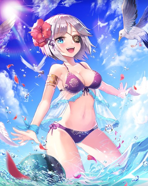 Anime picture 1198x1500 with sword girls iri flina shoonia single tall image blush short hair breasts open mouth blue eyes light erotic smile standing cleavage silver hair cloud (clouds) :d hair flower sunlight sparkle