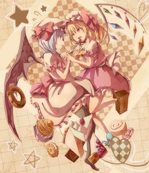Anime picture 1330x1550 with touhou flandre scarlet remilia scarlet aji77 (artist) tall image short hair blonde hair red eyes multiple girls blue hair bent knee (knees) teeth fang (fangs) eating checkered weightlessness checkered background checkerboard cookie girl dress