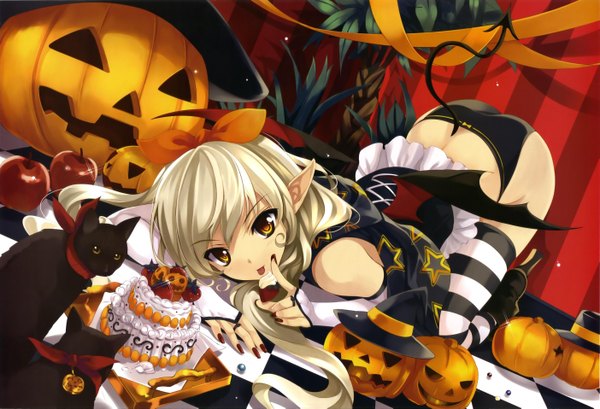 Anime picture 5611x3825 with megami magazine girl's avenue cradle (artist) long hair highres light erotic blonde hair yellow eyes absurdres ass tail pointy ears halloween bat wings star print thighhighs underwear panties bow ribbon (ribbons)