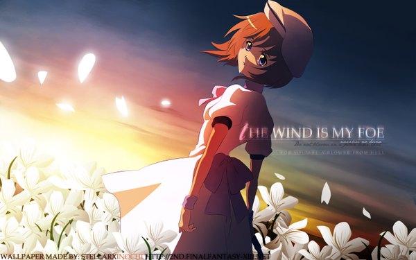 Anime picture 1440x900 with higurashi no naku koro ni studio deen ryuuguu rena single looking at viewer short hair blue eyes brown hair wide image standing signed sky cloud (clouds) outdoors head tilt looking back wind from behind sunlight inscription