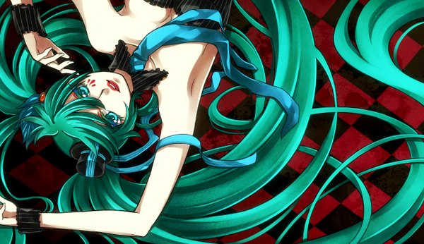 Anime picture 1280x740 with vocaloid hatsune miku long hair wide image twintails lying aqua eyes aqua hair armpit (armpits) lipstick checkered floor girl dress hat necktie collar