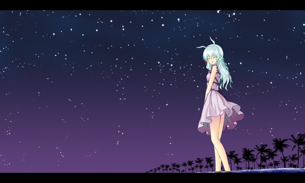 Anime picture 1500x900 with dusk/dawn single long hair wide image silver hair eyes closed night from below girl plant (plants) tree (trees) star (stars) sundress