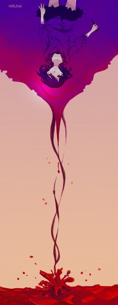 Anime picture 900x2313 with original hiruna454 single tall image fringe short hair simple background purple hair pleated skirt pink eyes tears crying upside down girl skirt shirt blood vest scissors