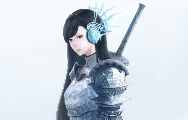Anime picture 1820x1170 with original bounin single long hair highres black hair looking away lips black eyes gradient background girl weapon armor
