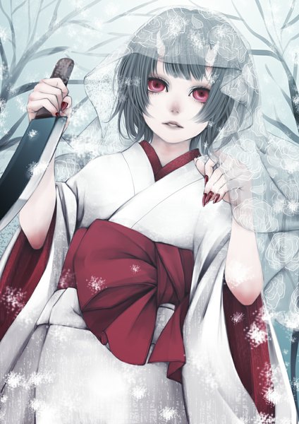 Anime picture 800x1131 with original nejimaki oz single tall image short hair red eyes outdoors nail polish traditional clothes parted lips japanese clothes horn (horns) fingernails grey hair dutch angle snowing winter oni horns bare tree girl