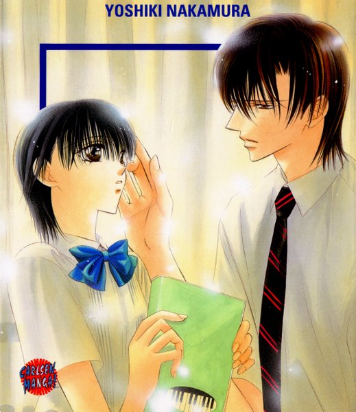 Anime picture 4217x4876 with skip beat! mogami kyoko tsuruga ren yoshiki nakamura tall image fringe highres short hair black hair brown hair brown eyes absurdres profile inscription couple girl boy uniform bow school uniform