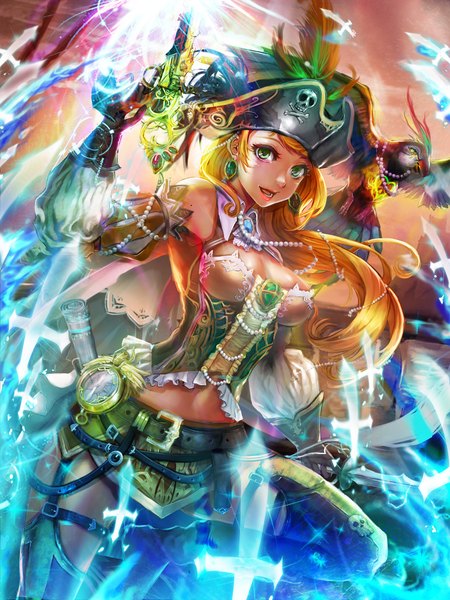 Anime picture 1500x2000 with ken (kenshjnpark) single long hair tall image looking at viewer open mouth light erotic blonde hair bare shoulders green eyes skull and crossbones pirate girl gloves weapon detached sleeves earrings animal sword belt