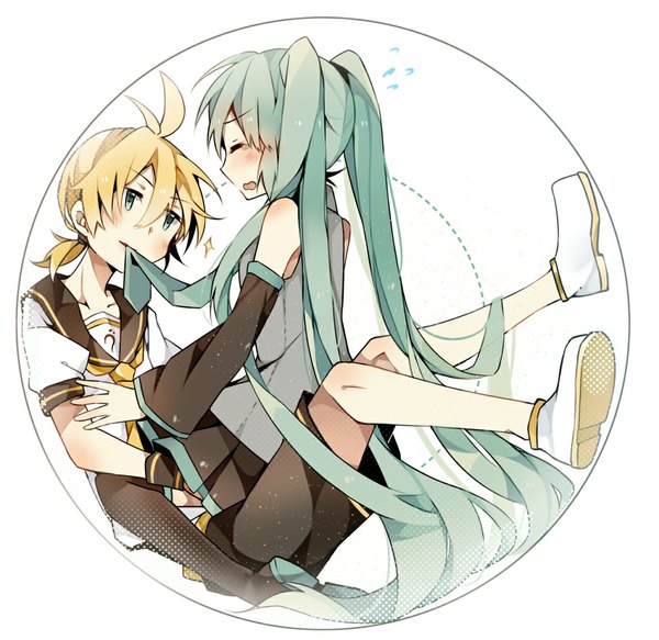 Anime picture 1000x972 with vocaloid hatsune miku kagamine len fuuko (2679566944) blush short hair simple background blonde hair white background twintails holding ponytail eyes closed very long hair profile aqua eyes aqua hair mouth hold girl boy
