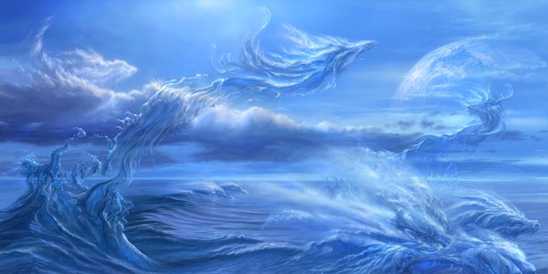 Anime picture 2000x1000 with original ucchiey highres wide image sky cloud (clouds) flying fantasy swimming water sea dragon wave (waves)