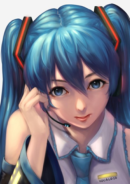 Anime picture 595x842 with vocaloid hatsune miku whitem (whiteemperor2020) single long hair tall image looking at viewer fringe blue eyes smile twintails blue hair light smile lips copyright name sleeveless girl shirt necktie microphone