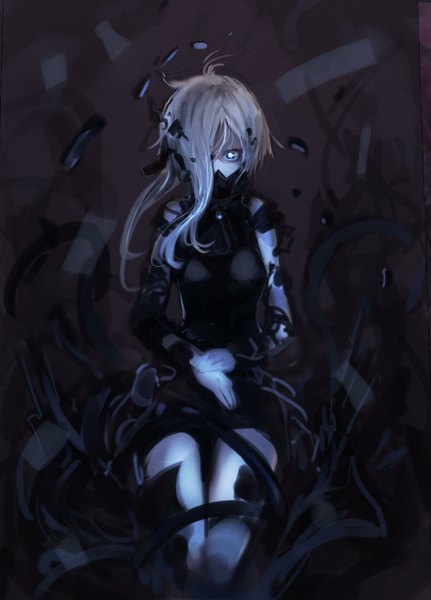 Anime picture 900x1253 with kantai collection ne-class heavy cruiser sumisu (mondo) single tall image looking at viewer fringe short hair blue eyes sitting silver hair hair over one eye asymmetrical hair white skin shinkaisei-kan girl dress black dress short dress