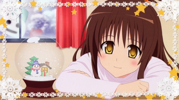 Anime picture 3396x1898 with toloveru xebec yuuki mikan single long hair blush highres smile brown hair wide image yellow eyes looking away indoors blurry scan depth of field winter snow girl window