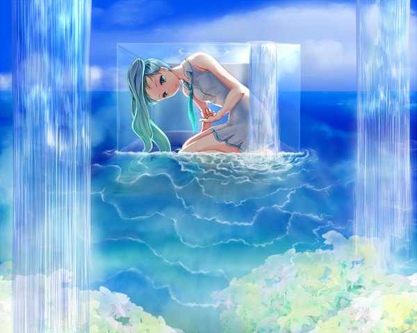 Anime picture 1433x1146 with vocaloid hatsune miku tagme (artist) long hair twintails aqua eyes aqua hair waterfall girl water necktie sundress wave (waves)