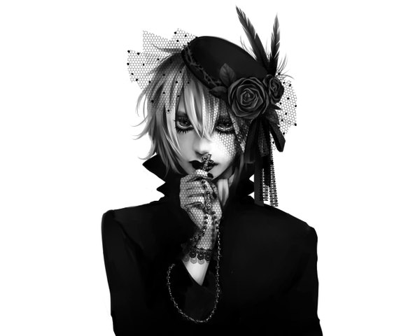 Anime picture 1280x1024 with original kuro chiikawa single looking at viewer short hair simple background white background nail polish lipstick monochrome black lipstick girl gloves hat cross beads prayer beads rosary crucifix