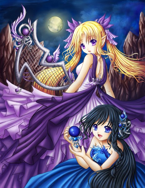 Anime picture 1024x1325 with eranthe long hair tall image open mouth blue eyes black hair blonde hair smile purple eyes multiple girls braid (braids) looking back pointy ears night sky girl dress hair ornament 2 girls moon full moon