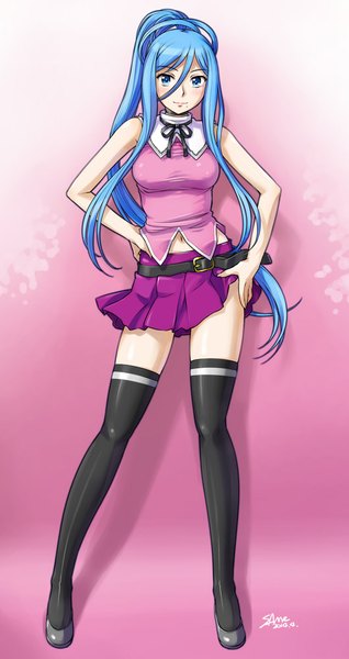Anime picture 530x1000 with aoki hagane no arpeggio takao (aoki hagane no arpeggio) same single long hair tall image looking at viewer blush blue eyes blue hair hand on hip girl thighhighs skirt black thighhighs