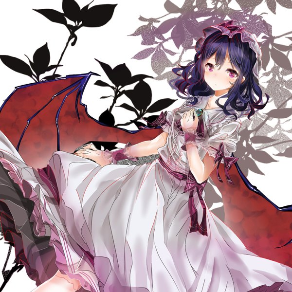 Anime picture 1736x1736 with touhou remilia scarlet gumi (artist) single long hair looking at viewer blush fringe highres standing purple hair pink eyes floral print wavy hair bat wings girl dress bow hat wings
